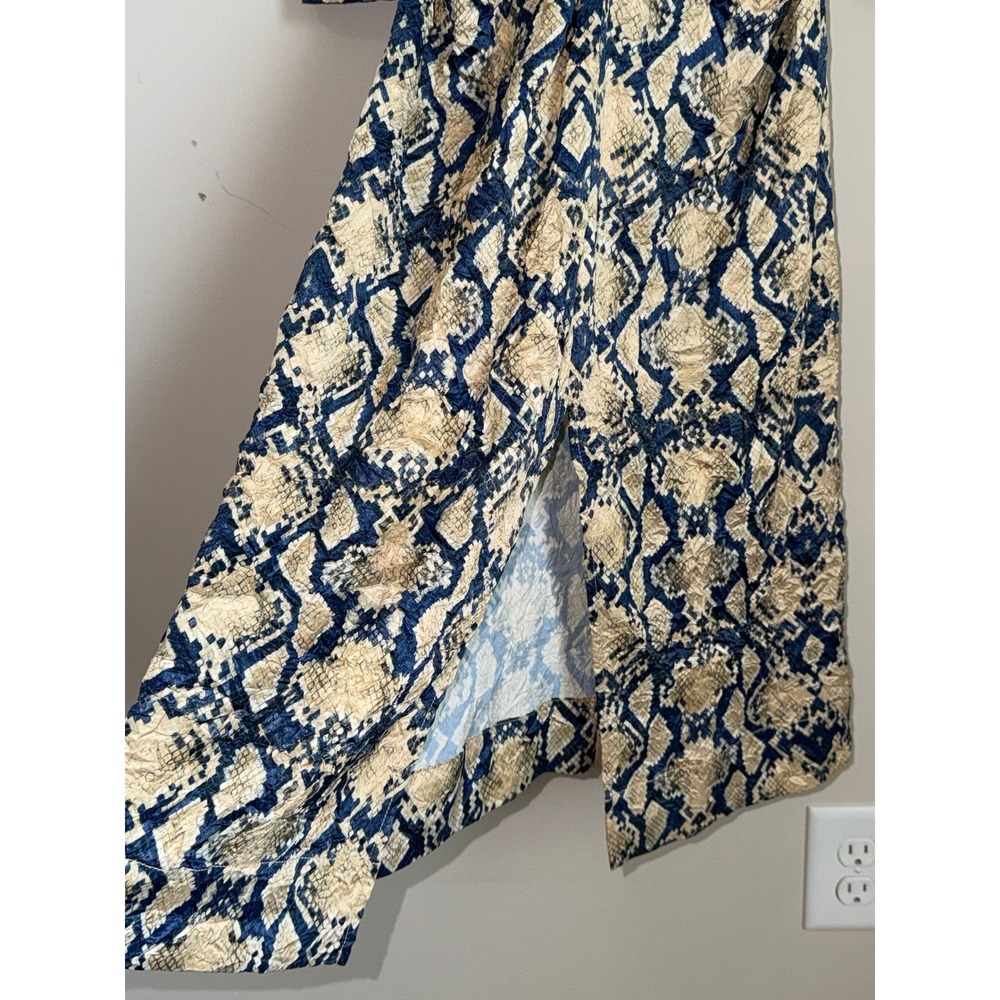 NWT Ganni Midi Dress Womens 6 Blue Tan Snakeskin Ruched Puff Sleeve - Picture 8 of 15